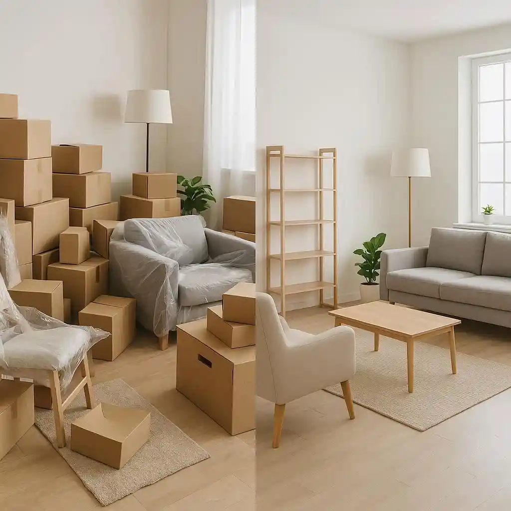 اليسر لنقل الاثاث 72 مقارنة قبل وبعد نقل العفش: غرفة غير مرتبة مقابل غرفة منظمة بعد تغليف ونقل احترافي في السعودية في شركة اليسر لنقل العفش