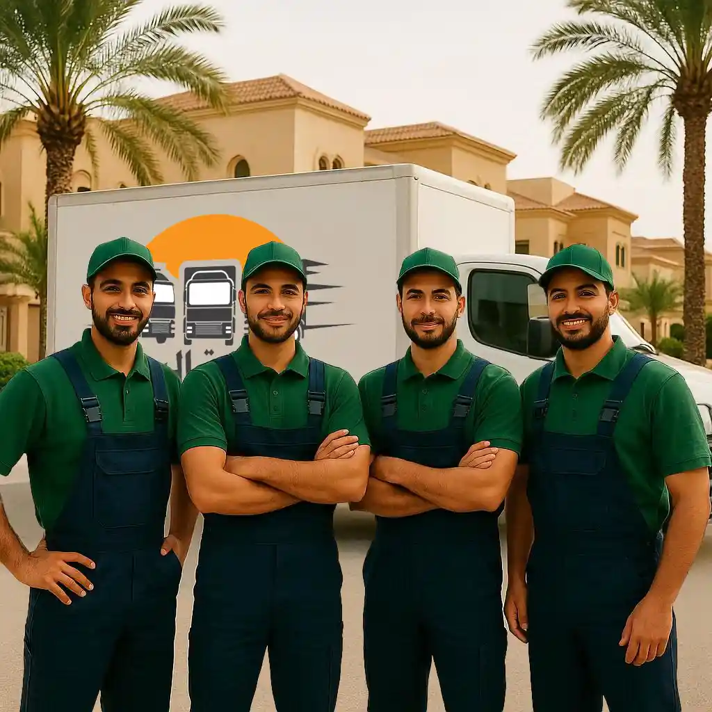 اليسر لنقل الاثاث 74 فريق عمل سعودي متخصص في نقل العفش يقف بجوار شاحنة تحمل شعار الشركة في إحدى مدن المملكة في شركة اليسر لنقل العفش