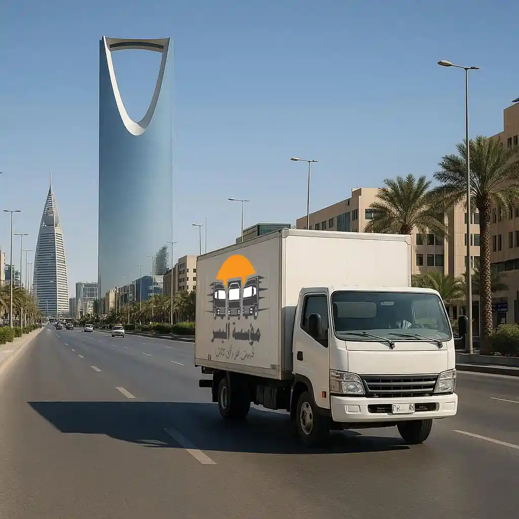 اليسر لنقل الاثاث 73 شاحنة نقل عفش تسير في أحد شوارع الرياض بالقرب من برج المملكة، تابعة لشركة نقل عفش سعودية محترفة في شركة اليسر لنقل العفش