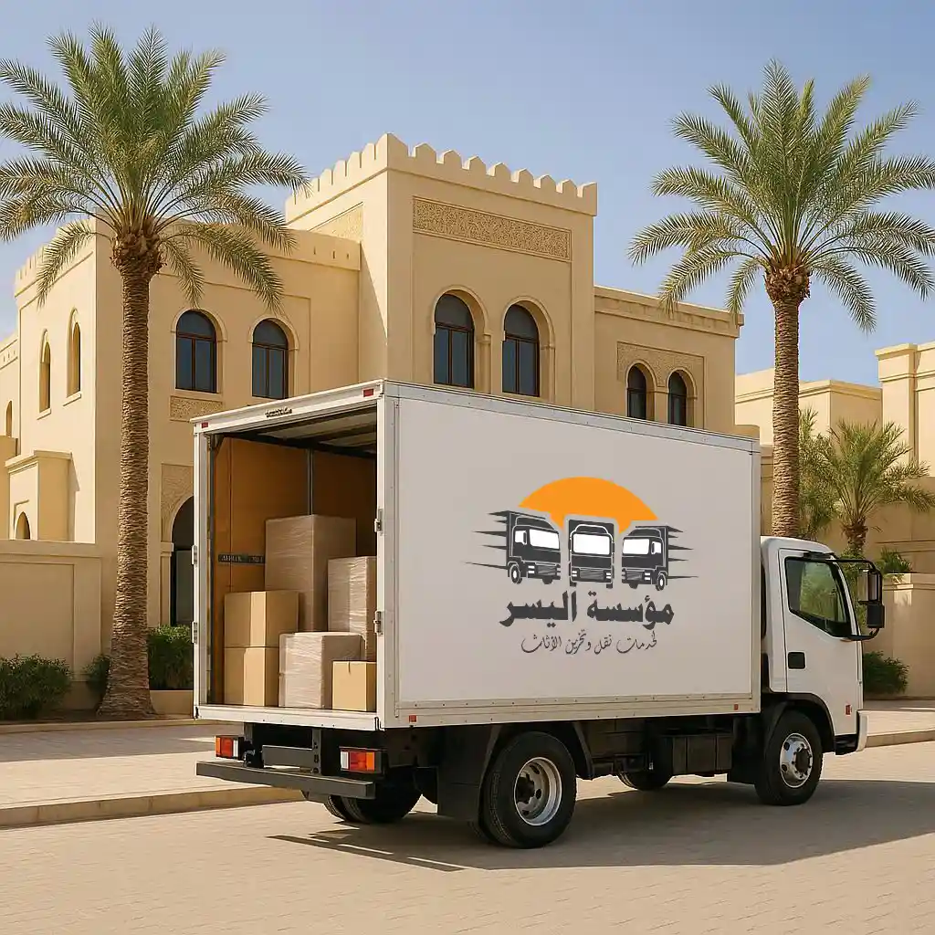 اليسر لنقل الاثاث 76 سيارة نقل عفش حديثة تحمل شعار شركة نقل عفش في السعودية أمام فيلا بالرياض في شركة اليسر لنقل العفش