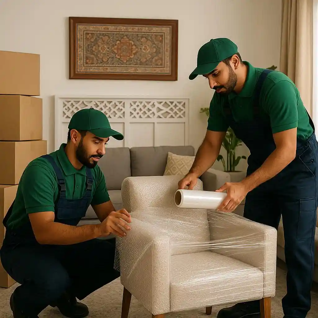 اليسر لنقل الاثاث 75 عمال نقل عفش سعوديون يقومون بتغليف الأثاث داخل منزل باستخدام مواد حماية احترافية في شركة اليسر لنقل العفش
